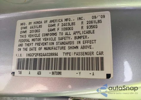 2010 Honda Accord 2.4 Ex-L из США, поврежденный, VIN 1HGCP2F82AA028994